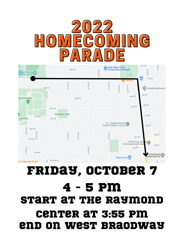 2022 Homecoming Parade. Friday, October 7. 4 to 5pm. Start at the raymond center at 3:55pm, end on West Broadway