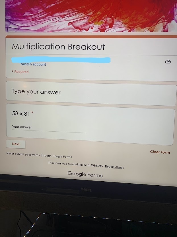  picture of google form on laptop titled Multiplication Breakout. 