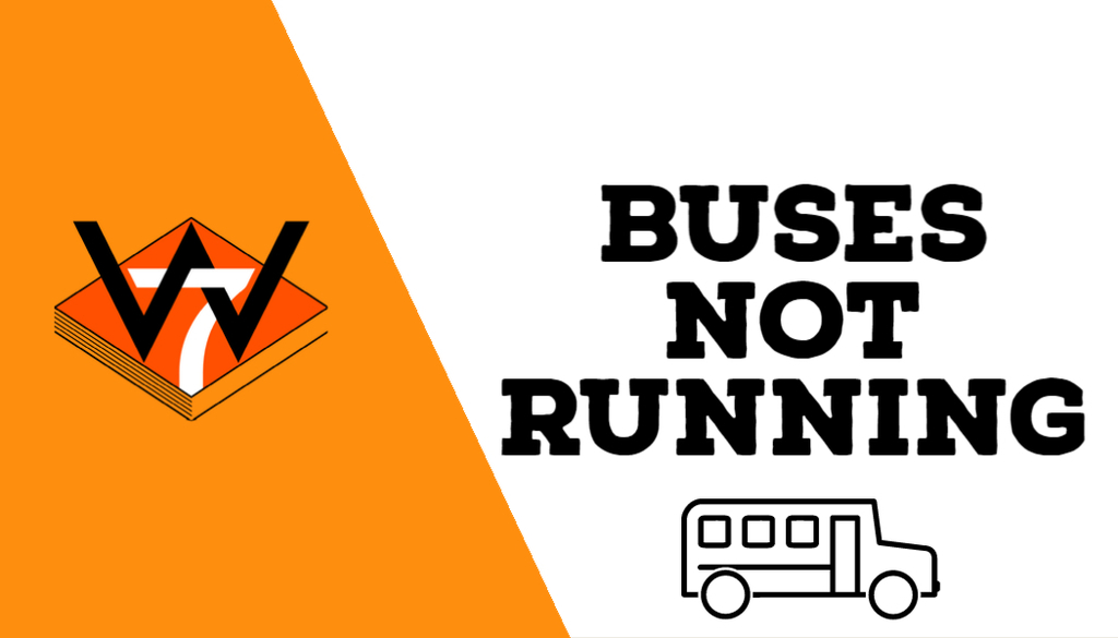Orange shape on white background with WBSD7 logo and image of a school bus. Text: Buses not running.